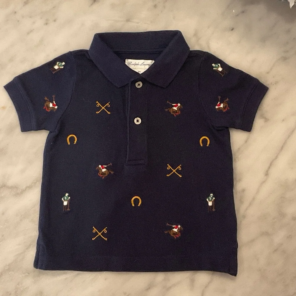 Ralph Lauren Navy Polo Knit with Polo Players, Horses & Horseshoes Shirt Size 6M